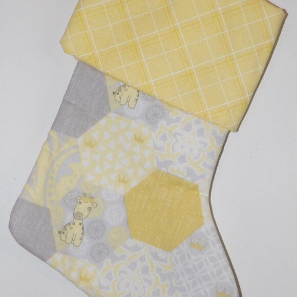 Baby Giraffes Yellow Gray White 14" Hand Crafted Christmas Stocking Yellow Cord - Picture 2 of 4